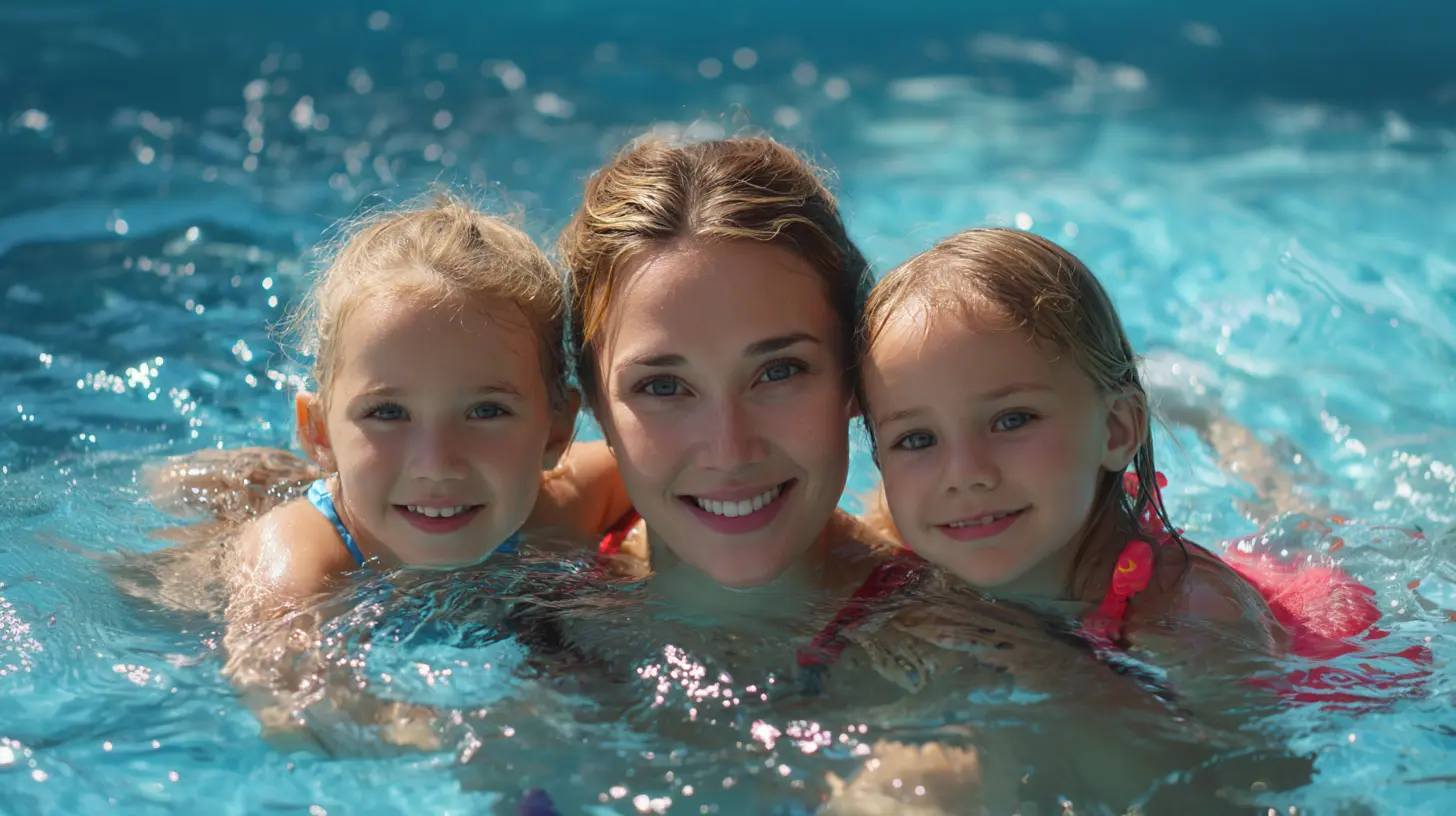 mother with 2 kids swimming